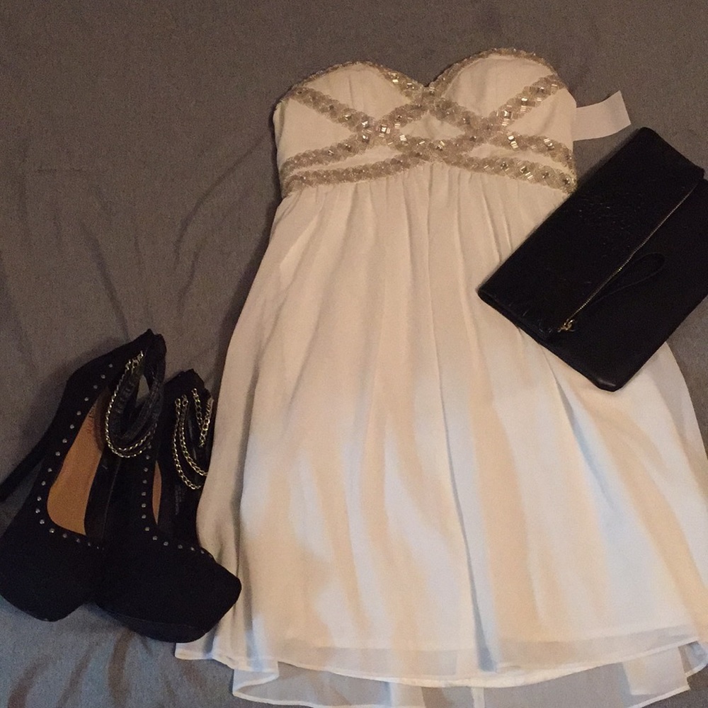 Strapless White Mini Dress with Gold Sequin/beaded Trim